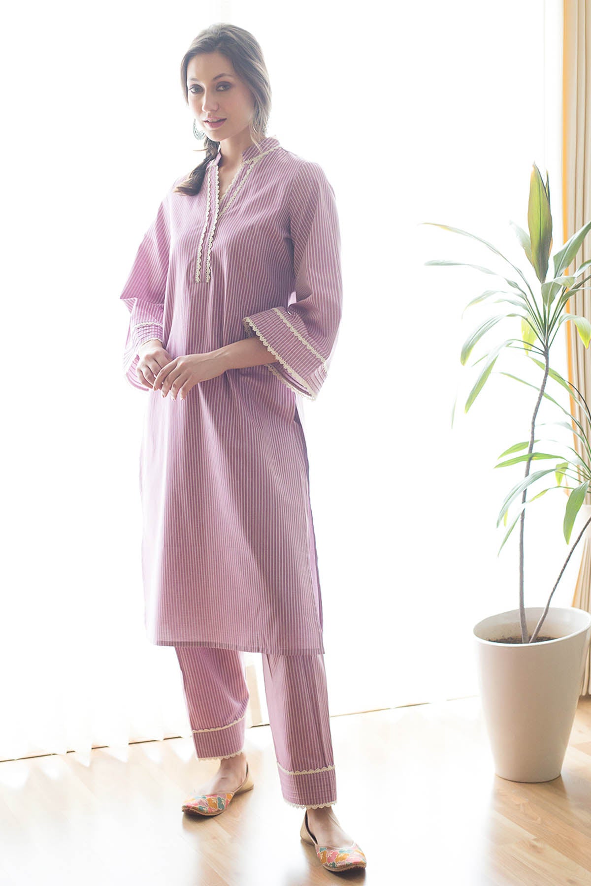 Purple Stripe Cotton Kurta Set