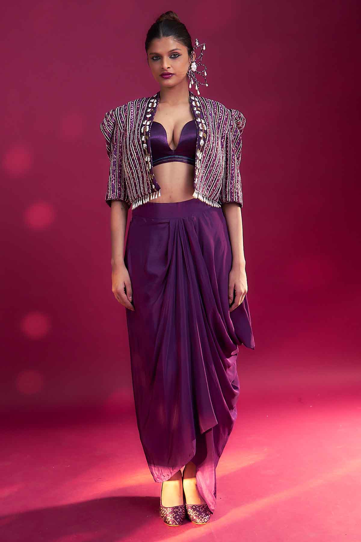 Purple Ajrakh Draped Dhoti Set