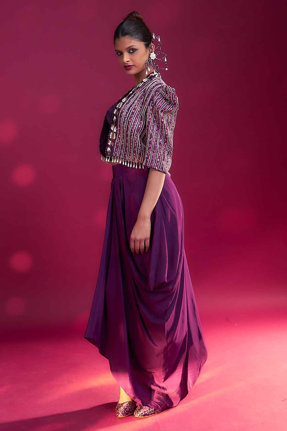 Purple Ajrakh Draped Dhoti Set