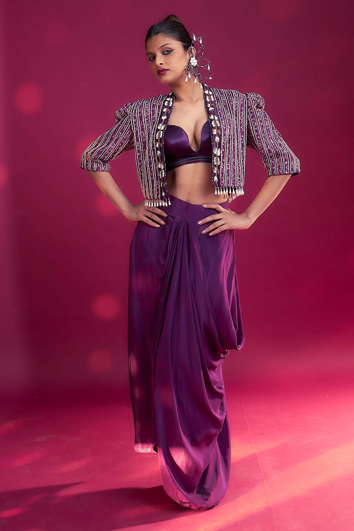 Purple Ajrakh Draped Dhoti Set