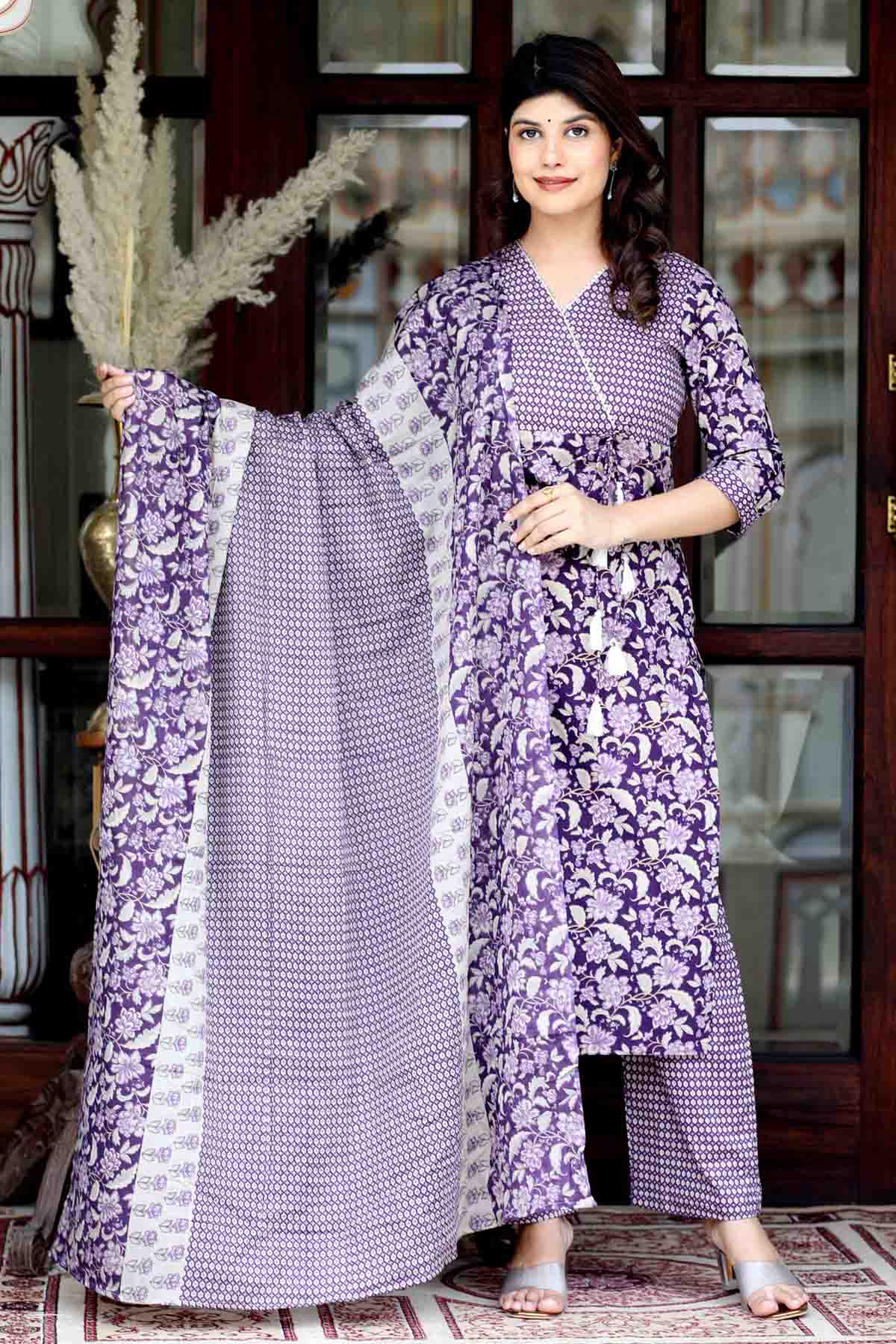 Buy Purple Angrakha Print Kurta Set by Miravan for women online at ScrollnShops