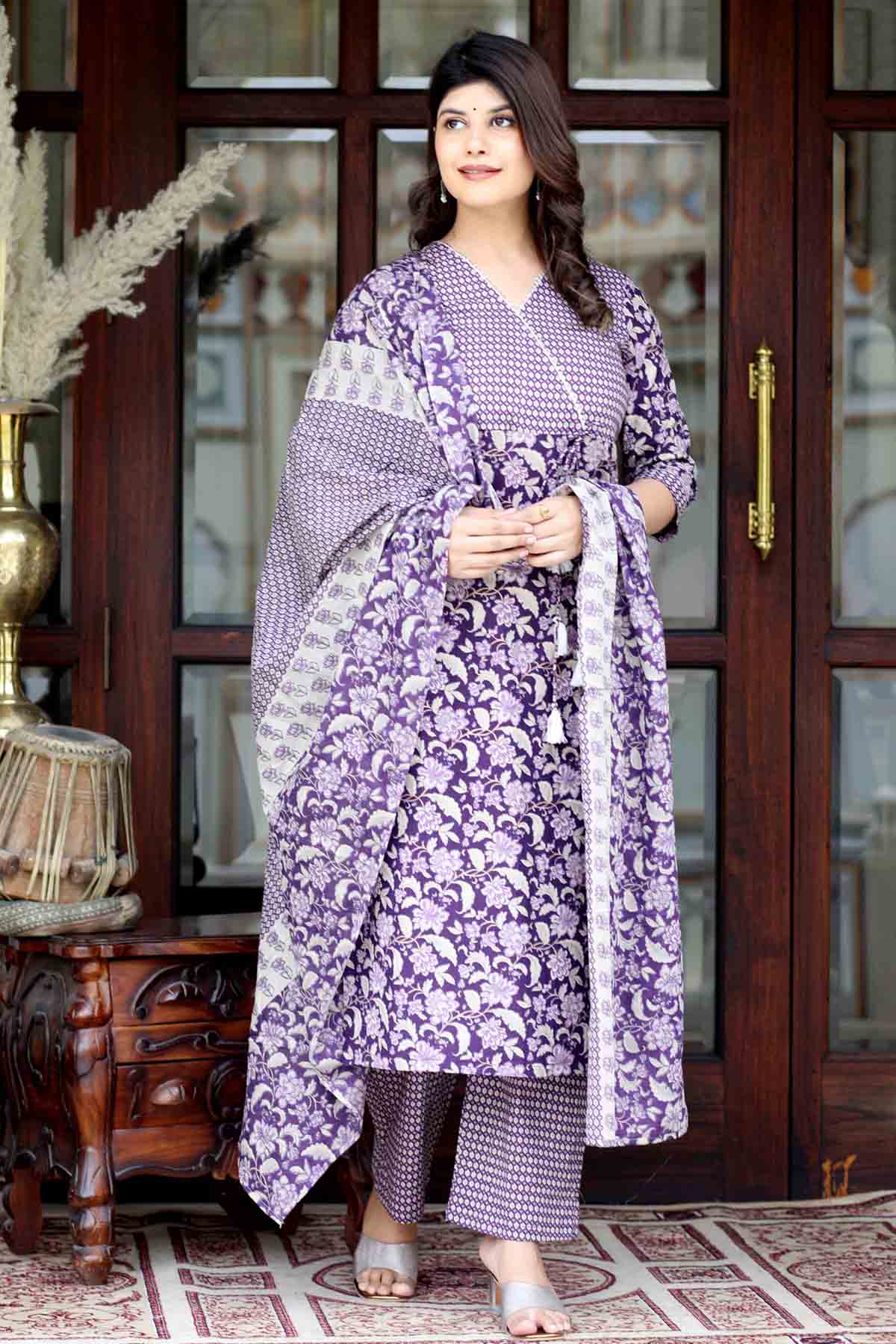 Purple Angrakha Print Kurta Set