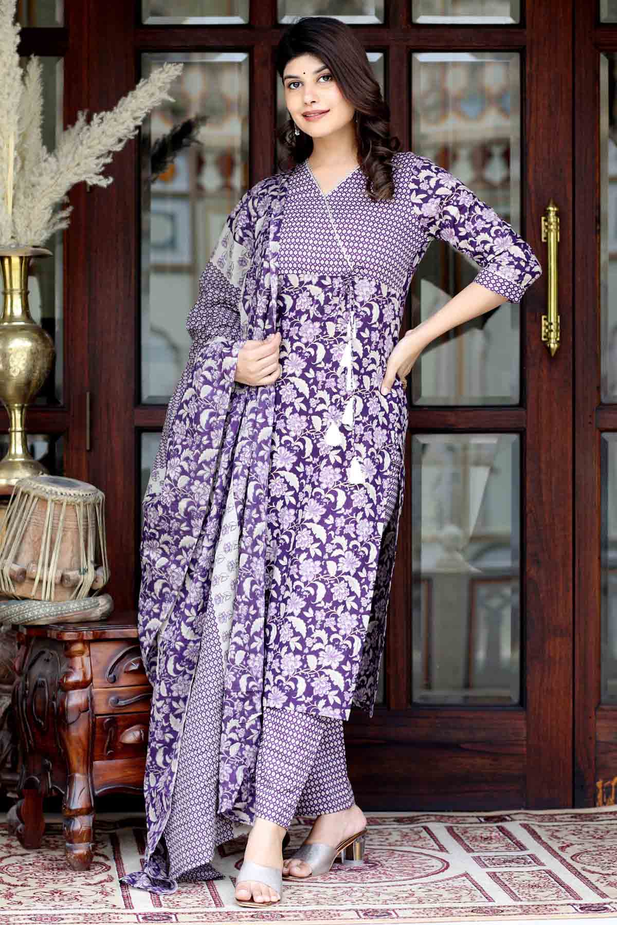 Purple Angrakha Print Kurta Set