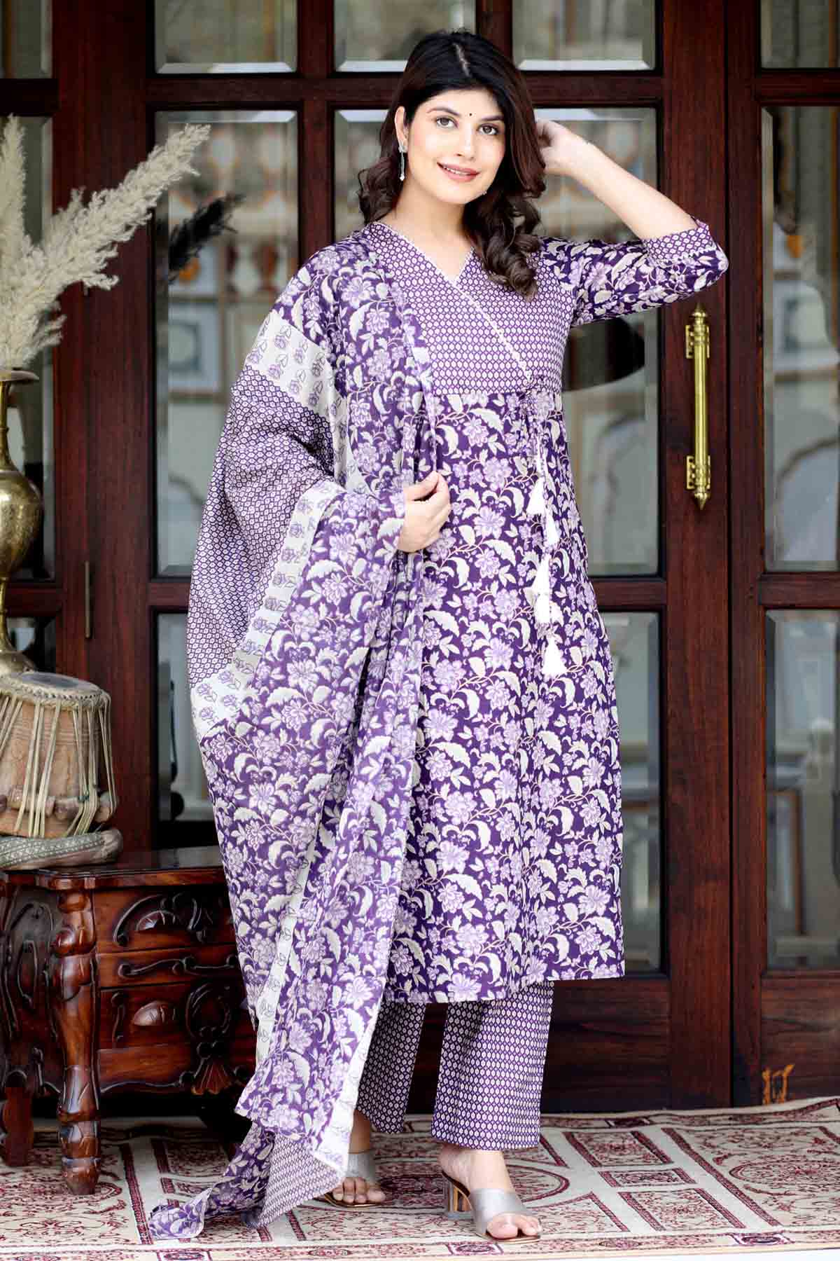Purple Angrakha Print Kurta Set