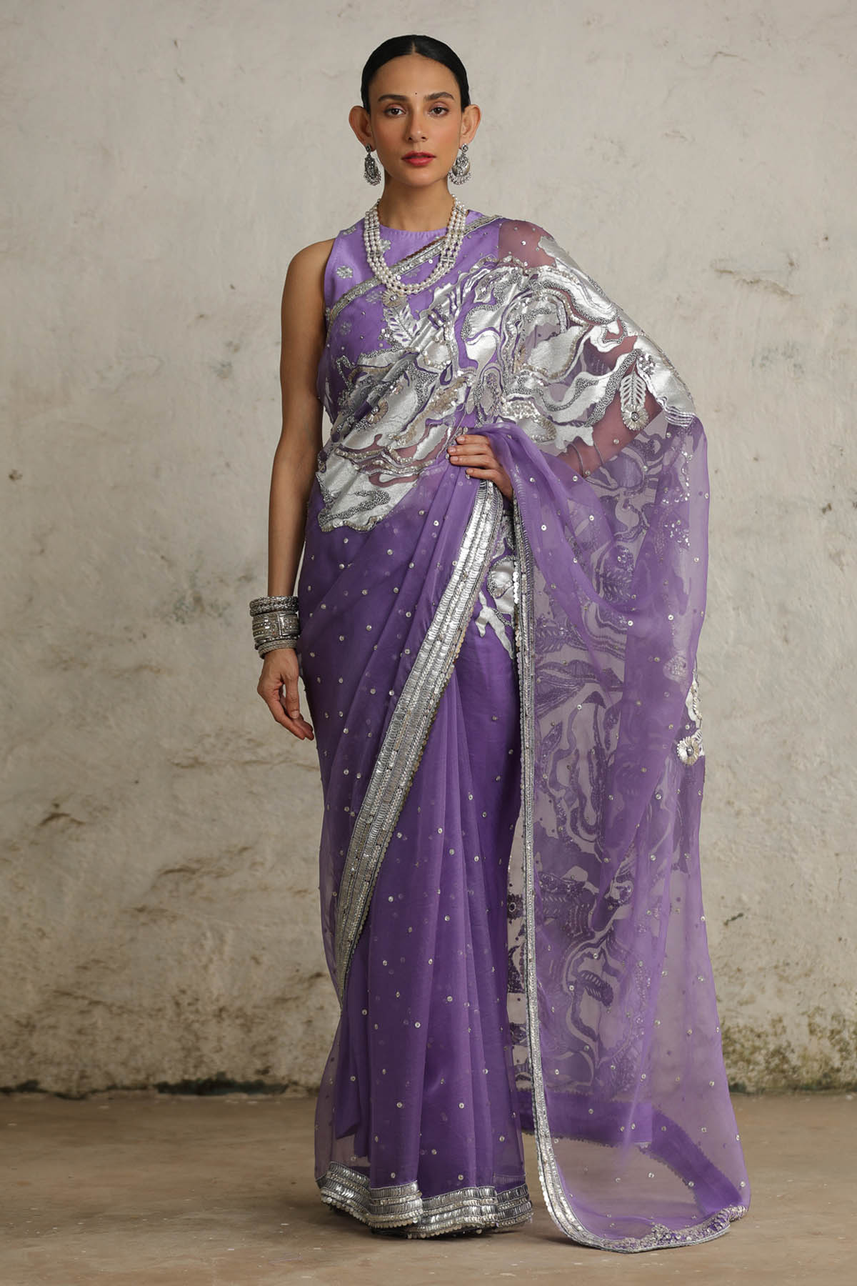 Saksham Neharicka Purple Applique Silver Saree Set for women online at ScrollnShops