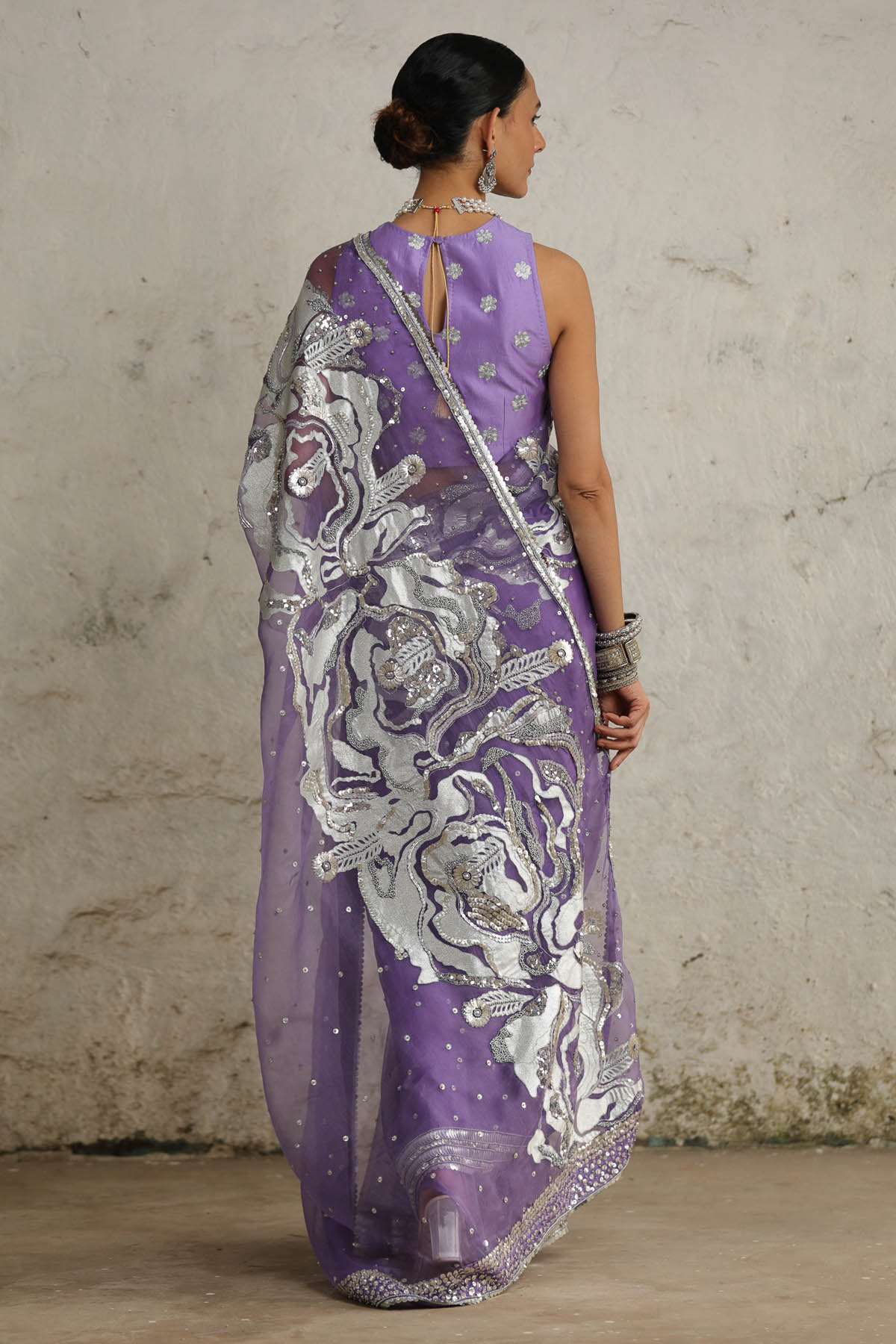 Purple Applique Silver Saree Set
