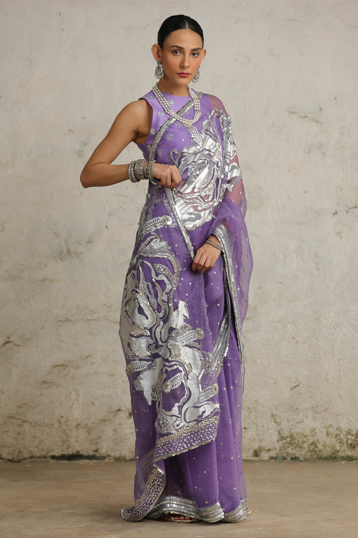 Purple Applique Silver Saree Set