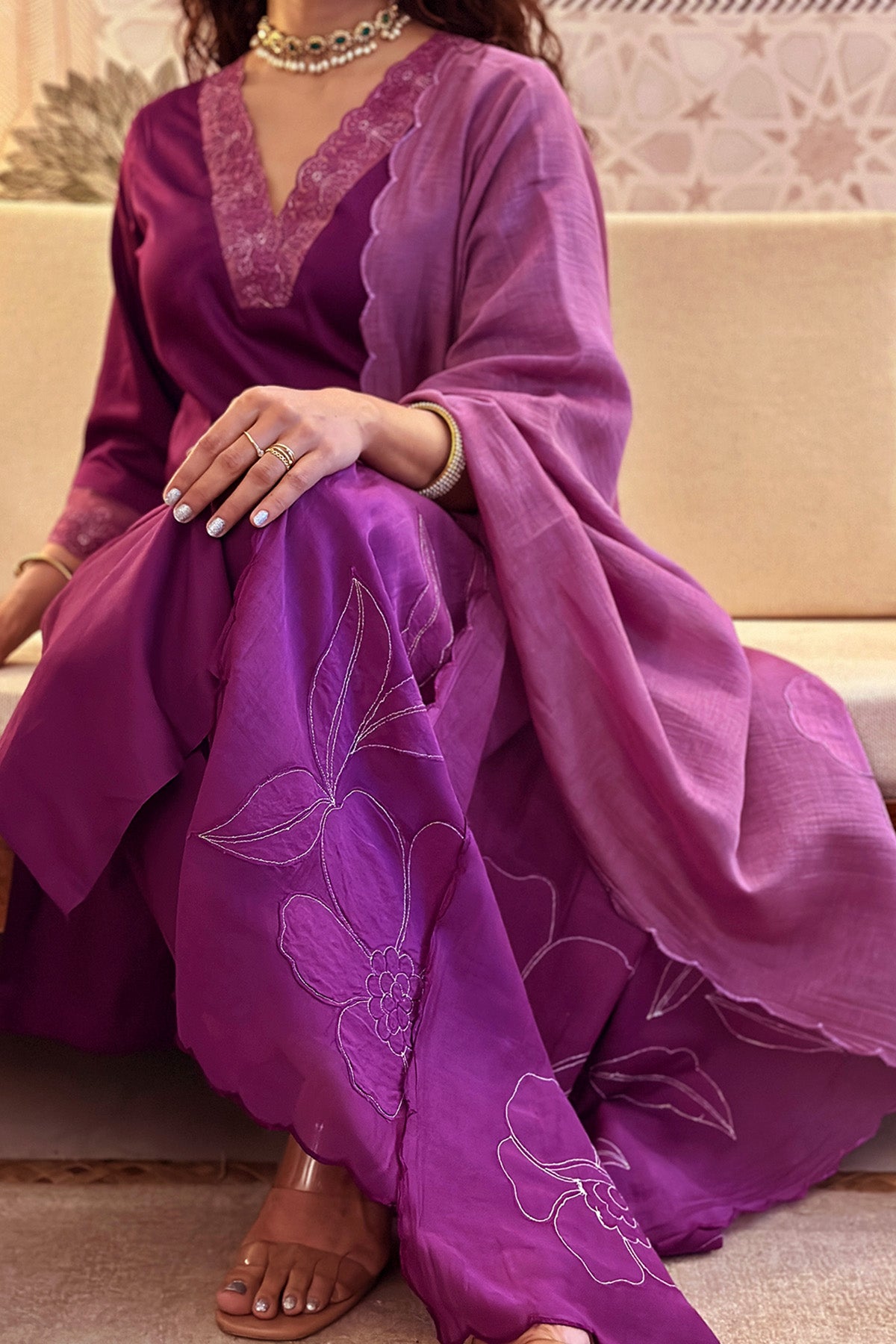 Purple Applique Work Kurta Set