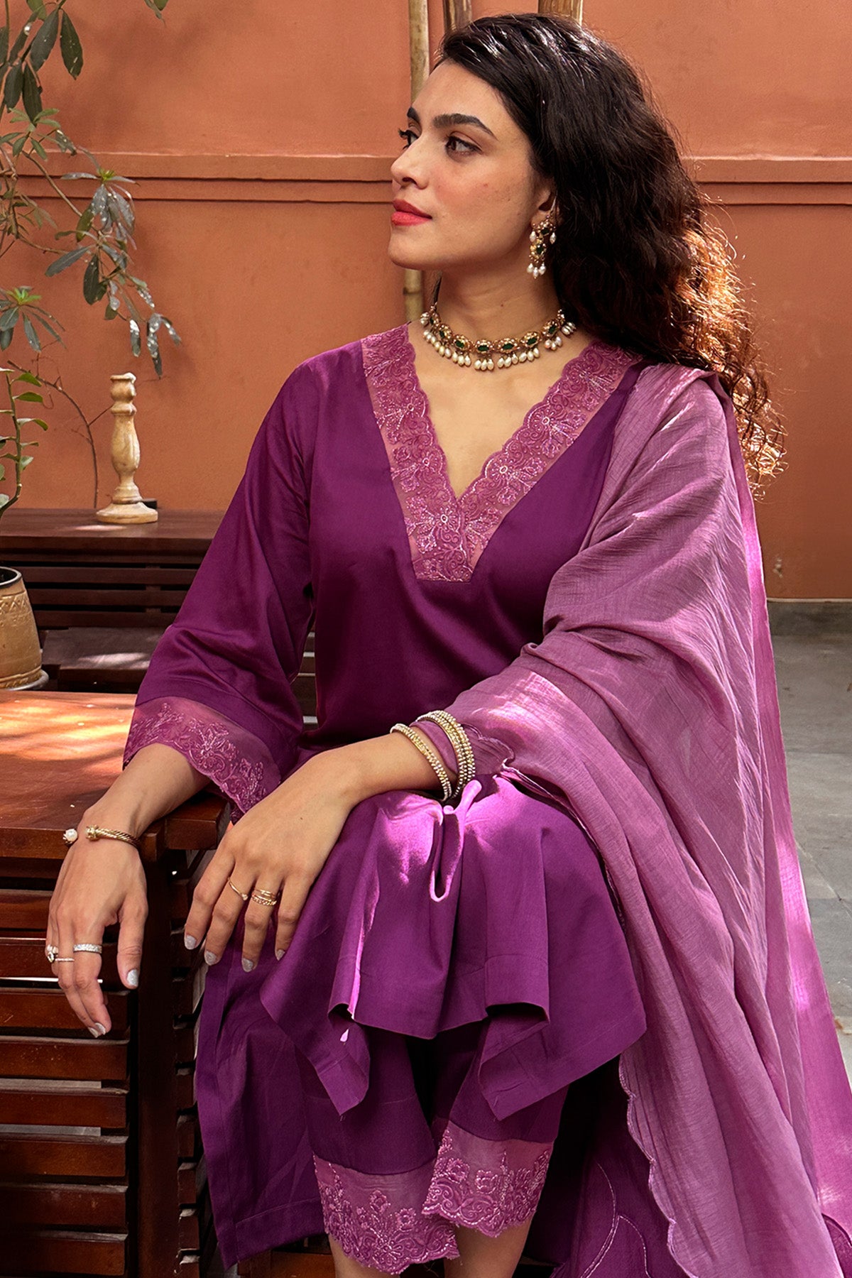 Purple Applique Work Kurta Set