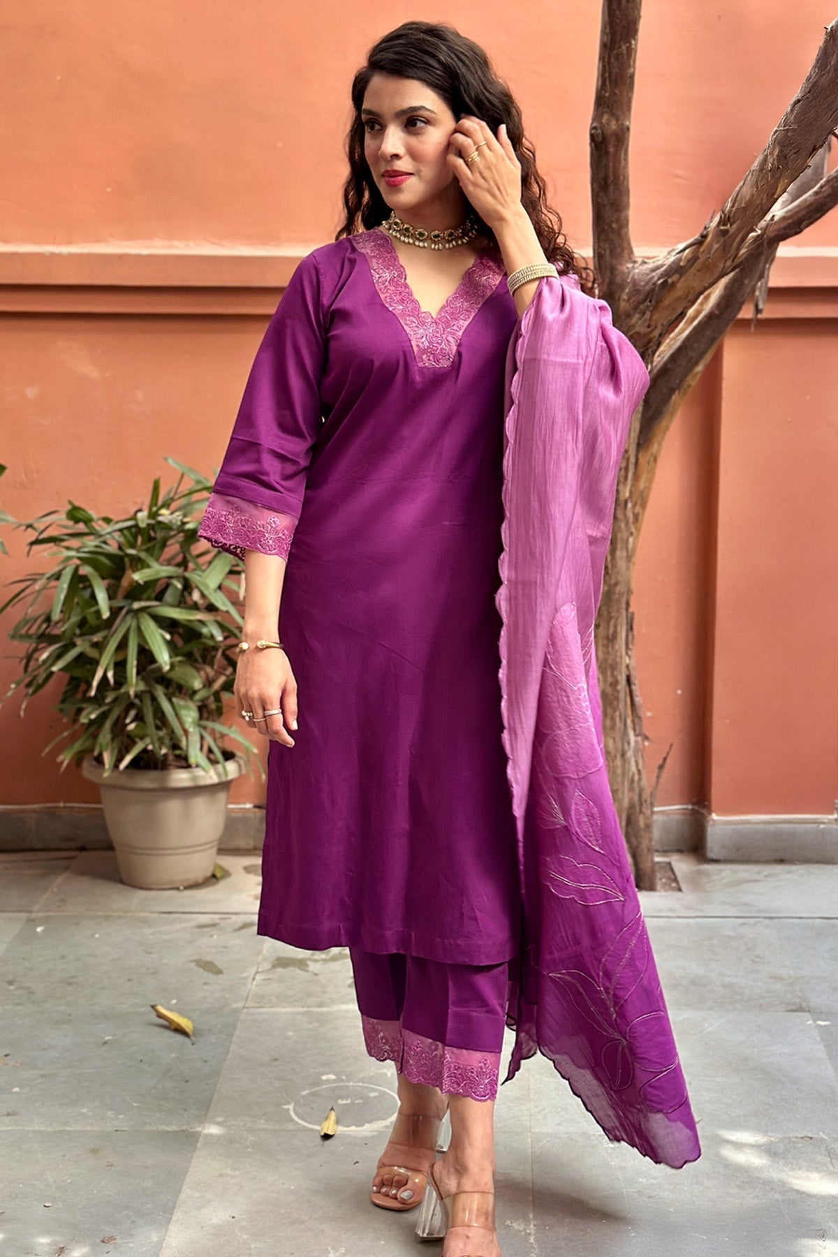 Buy Purple Applique Work Kurta Set for women by The Hemming Bird online available at scrollnshops