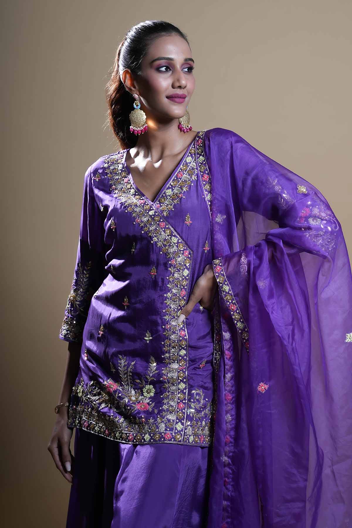 Purple Beads V-Neck Gharara Set