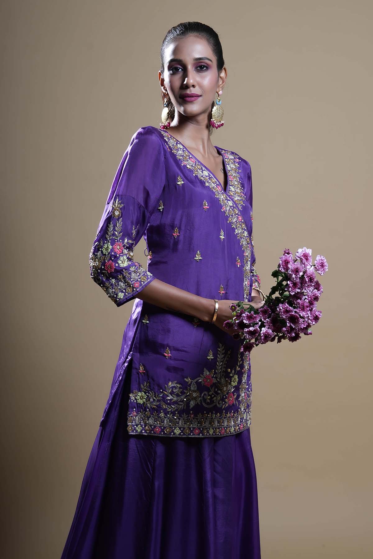 Purple Beads V-Neck Gharara Set