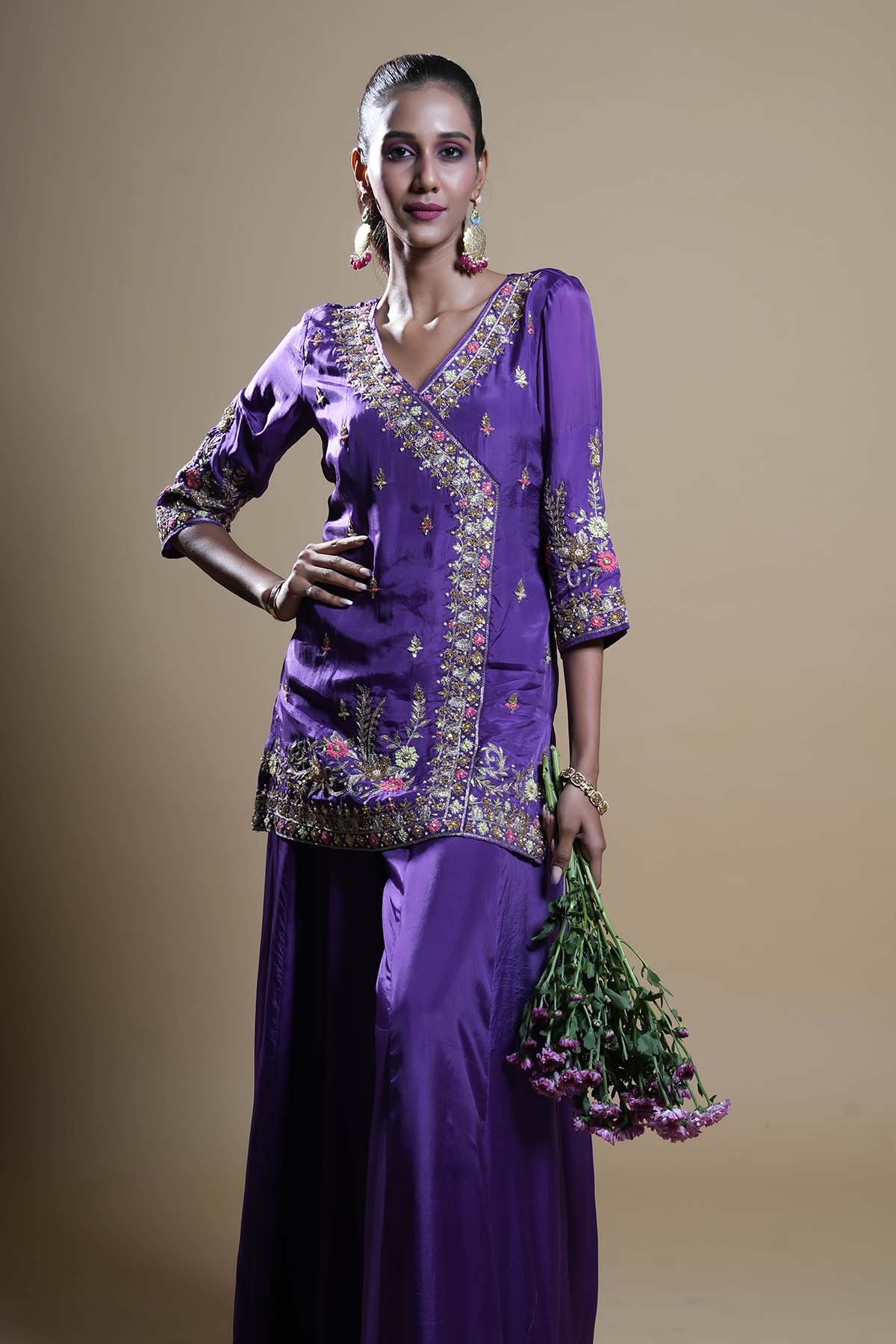 Purple Beads V-Neck Gharara Set