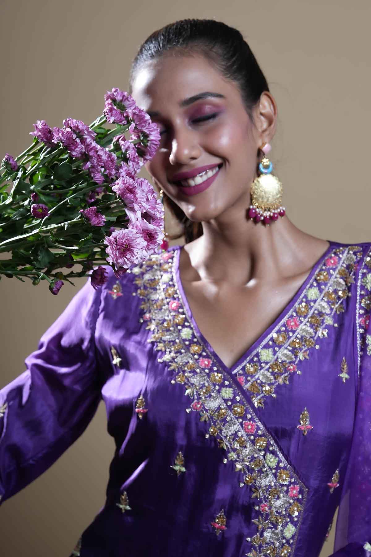 Purple Beads V-Neck Gharara Set