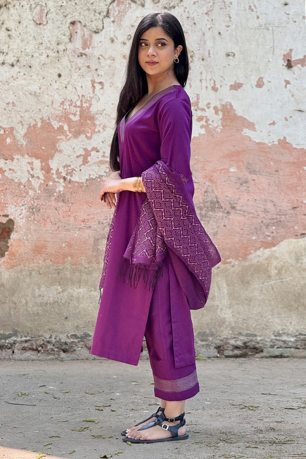 Purple Block Printed Kurta Set