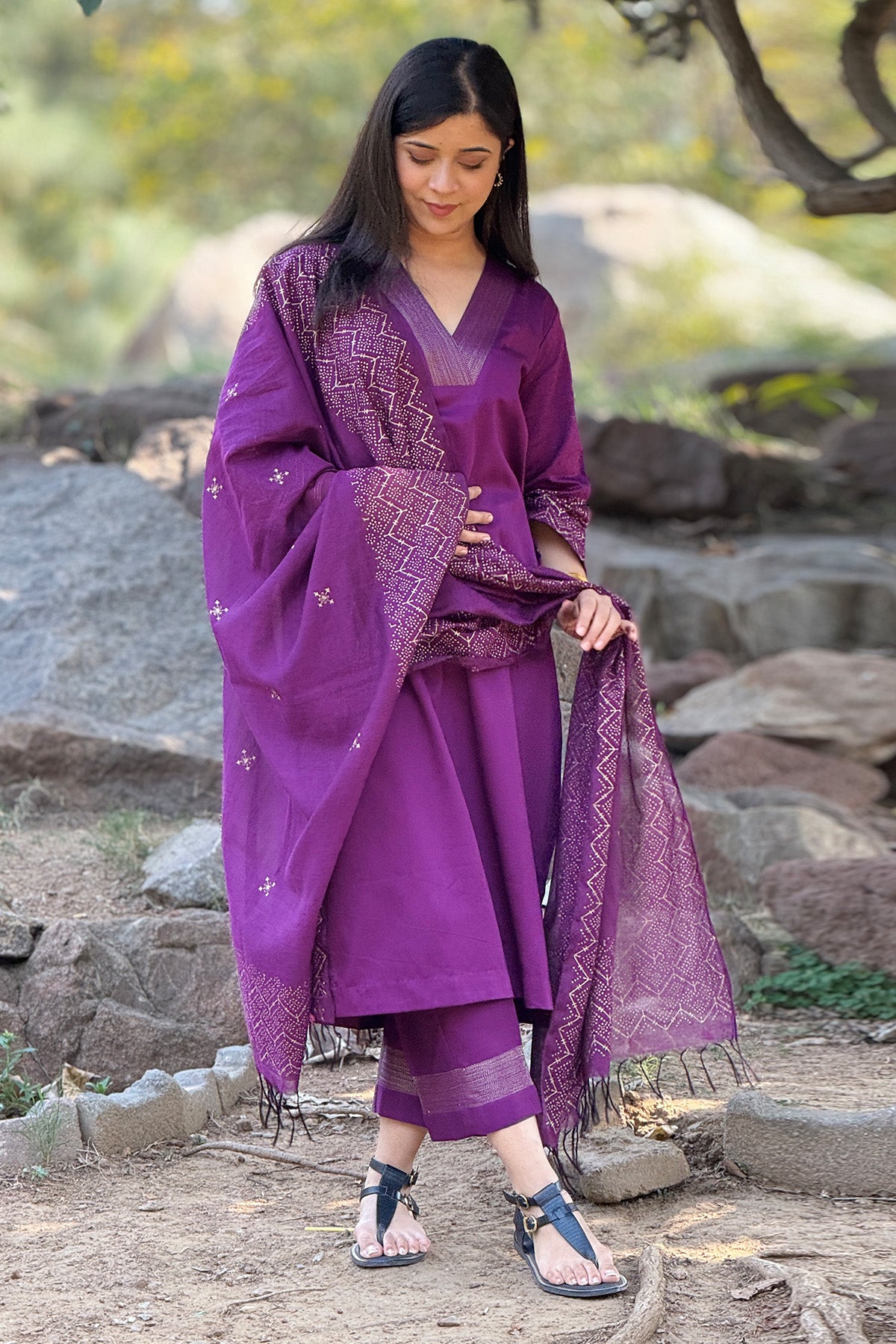 Purple Block Printed Kurta Set