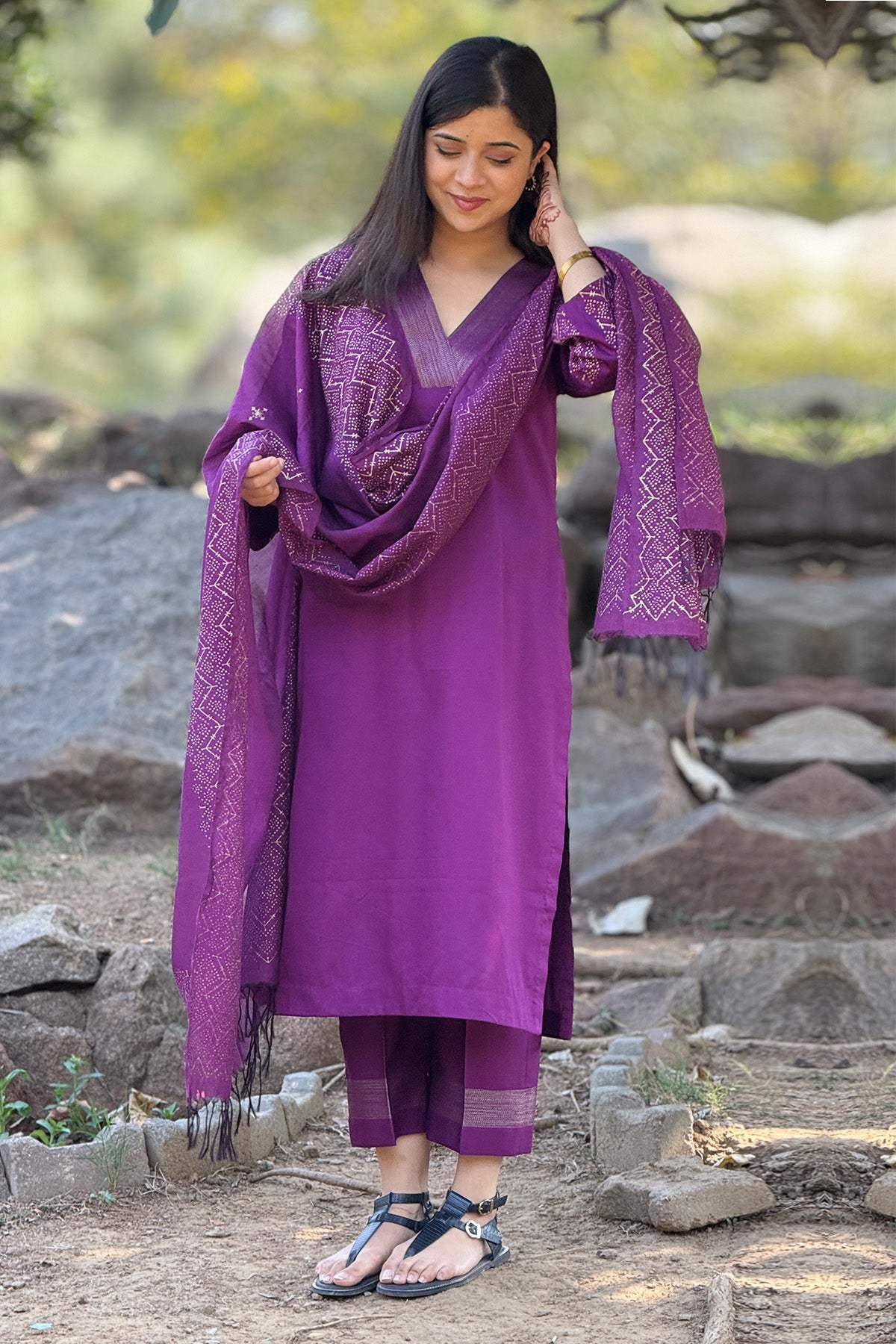 Purple Block Printed Kurta Set