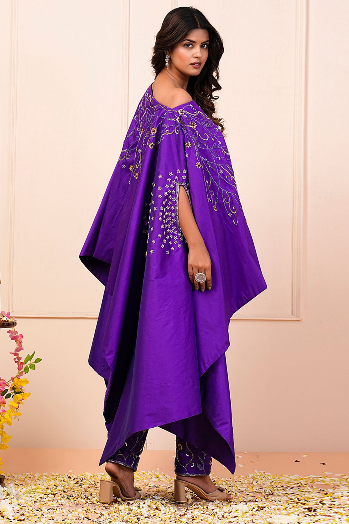 Purple Boat Neck Kaftan & Pants