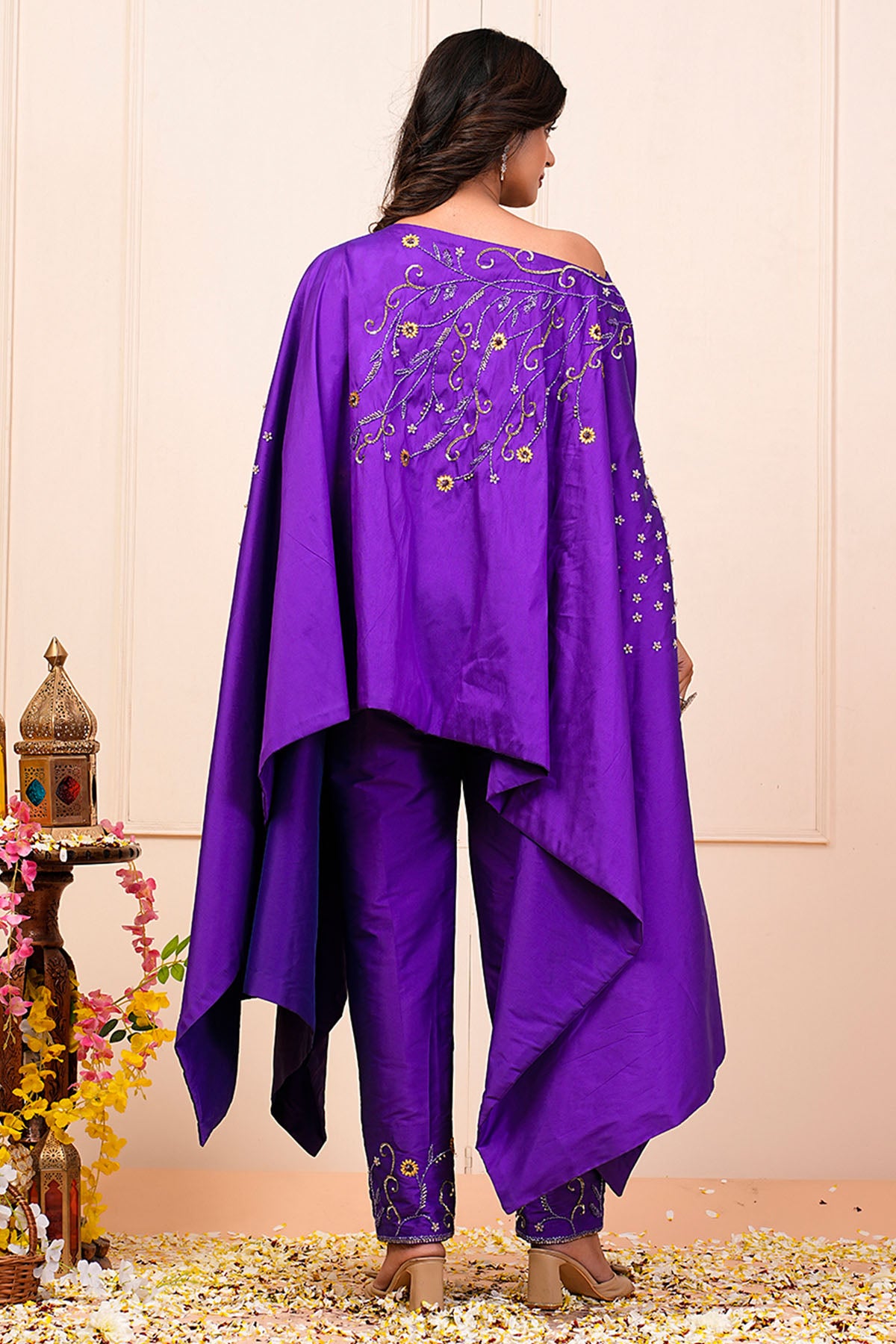 Purple Boat Neck Kaftan & Pants