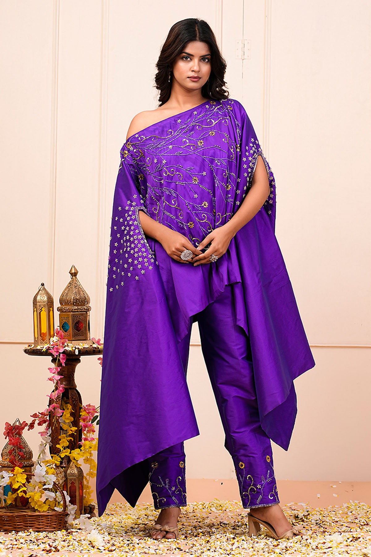 Purple Boat Neck Kaftan & Pants