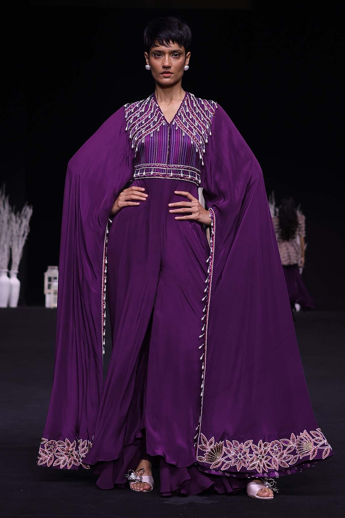Purple Cape Sleeves Jumpsuit