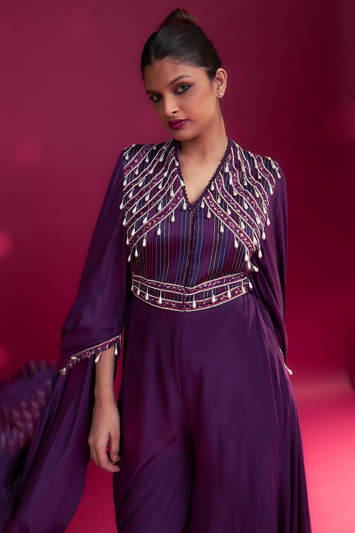 Purple Cape Sleeves Jumpsuit