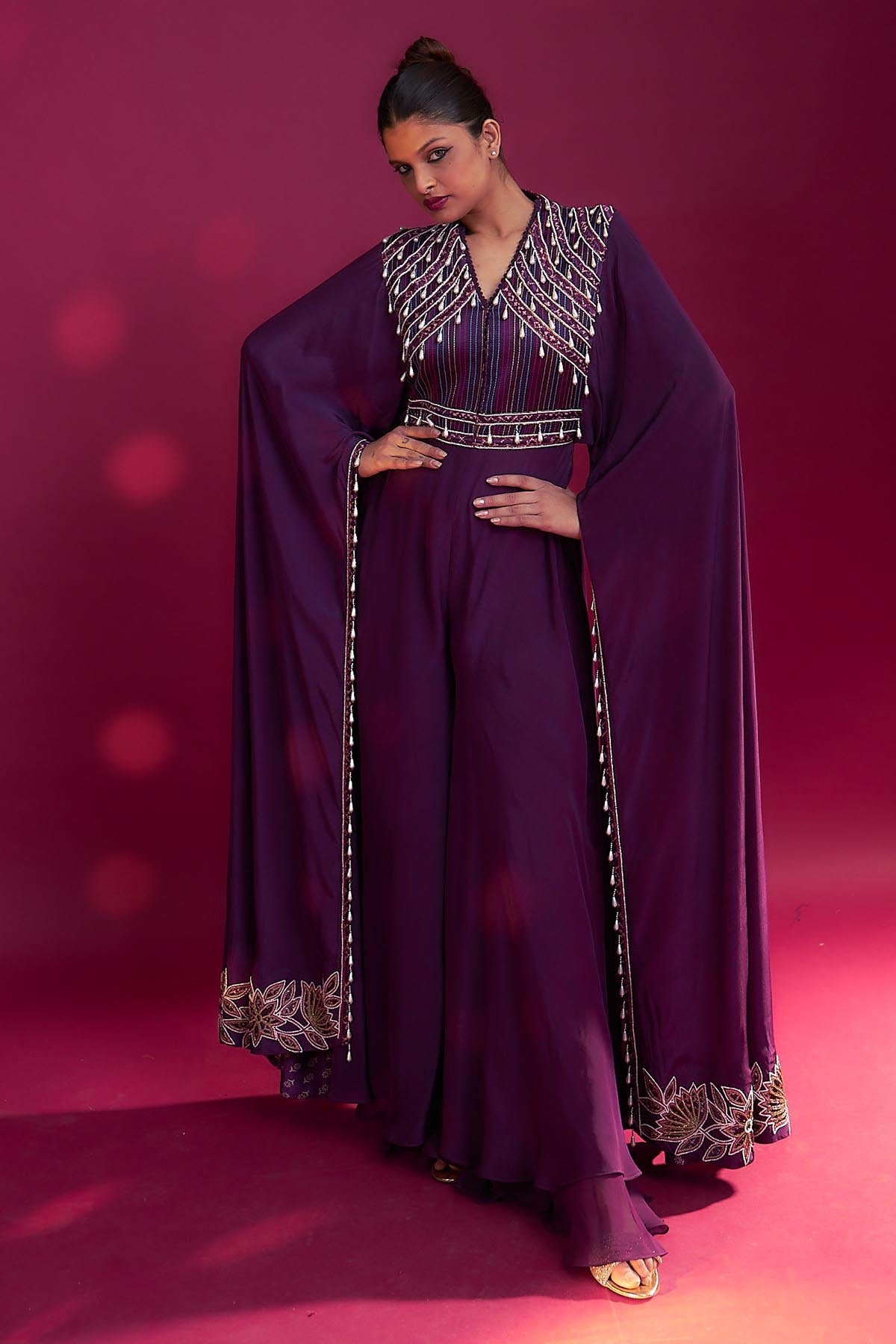 Sejal Kamdar Purple Cape Sleeves Jumpsuit for women online at ScrollnShops