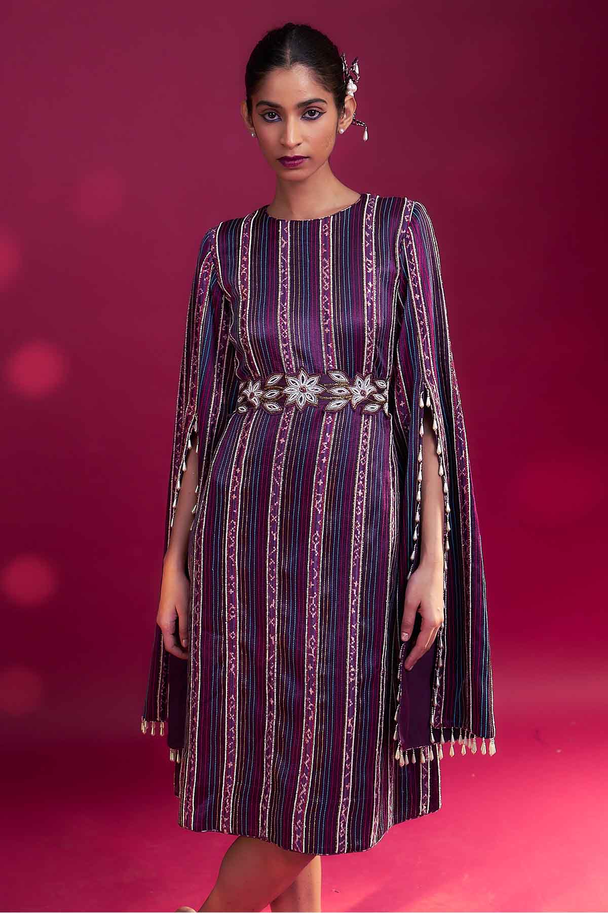 Purple Cape Sleeves Midi Dress