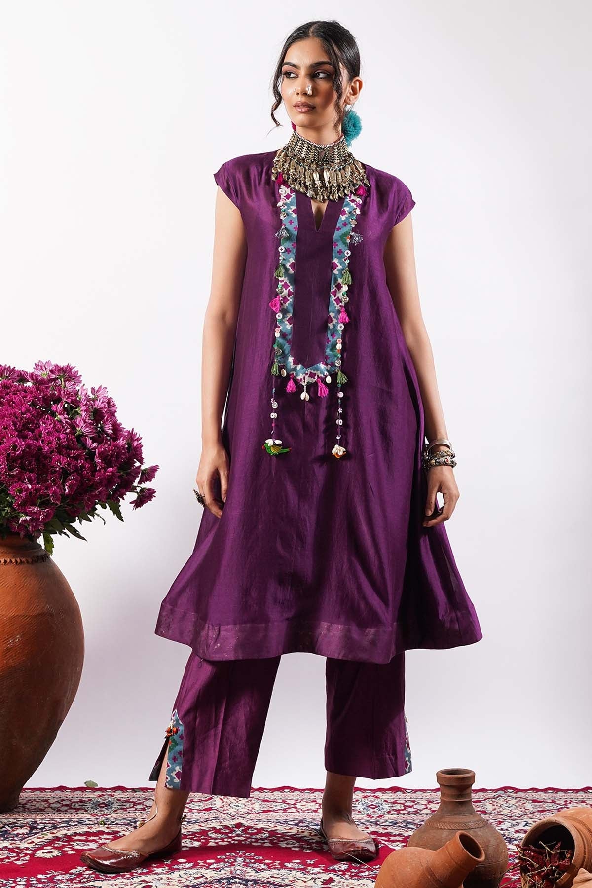 Seharre Purple Chanderi Kurta & Pants for women online at ScrollnShops