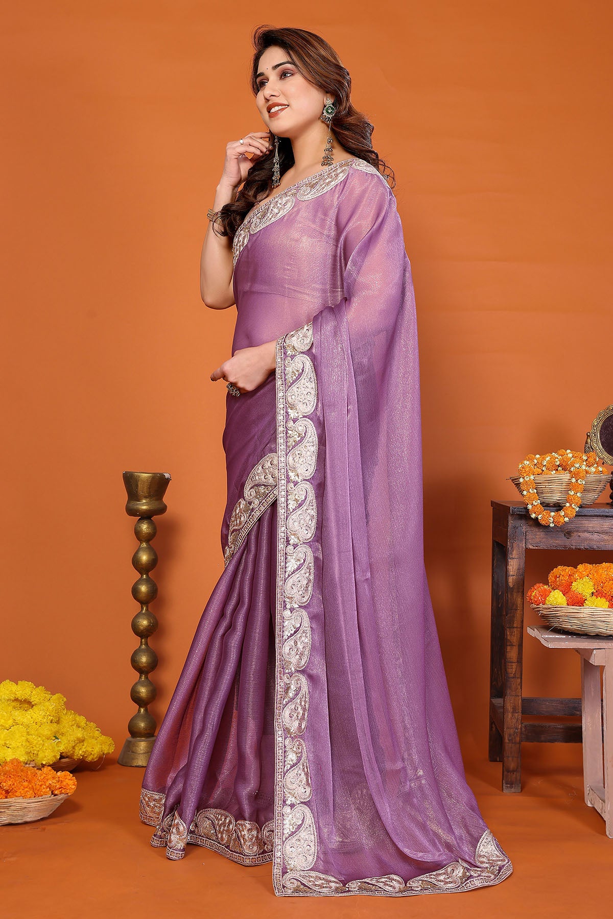 Purple Chiffon Embroidery Saree