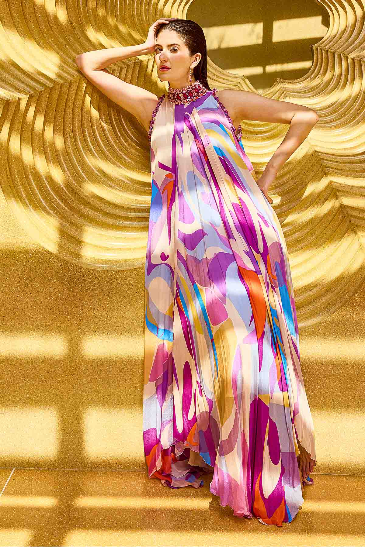 Buy Purple Chiffon High Neck Dress by Mandira Wirk