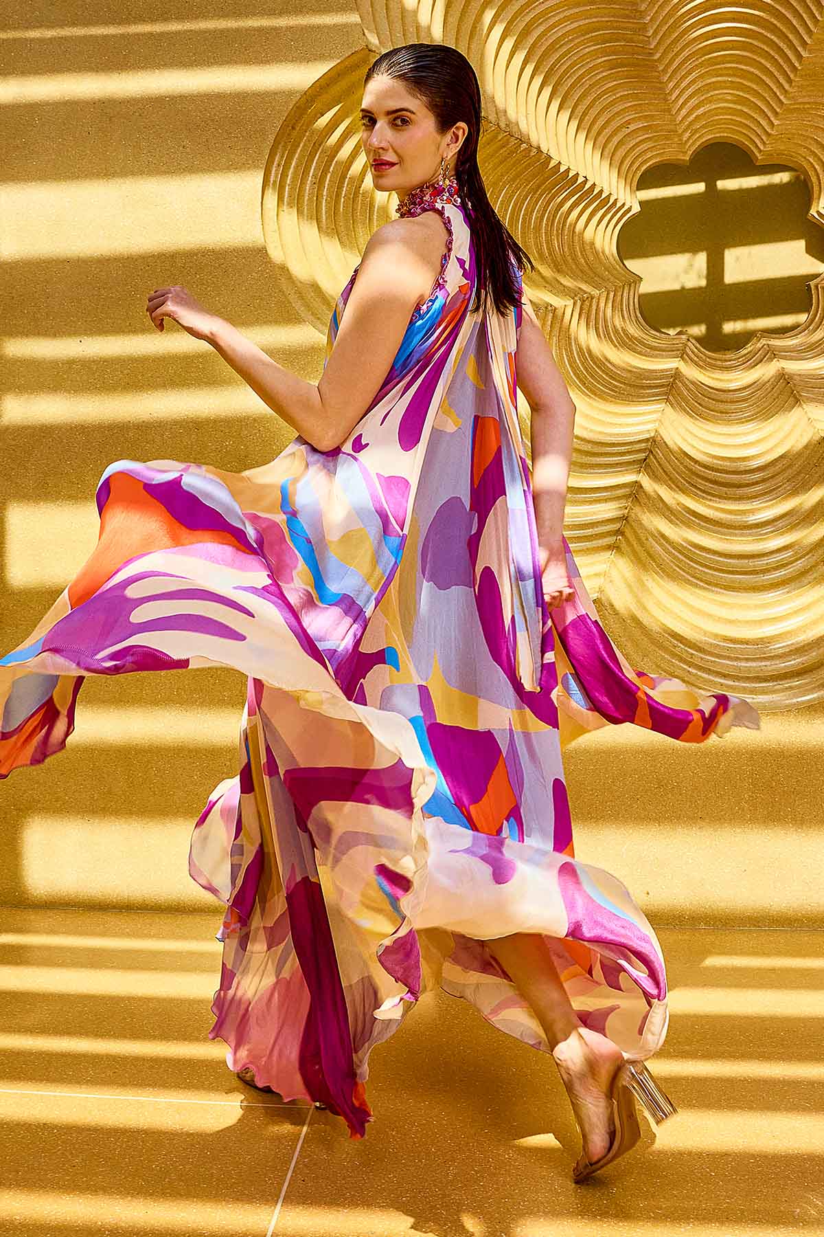 Purple Chiffon High Neck Dress