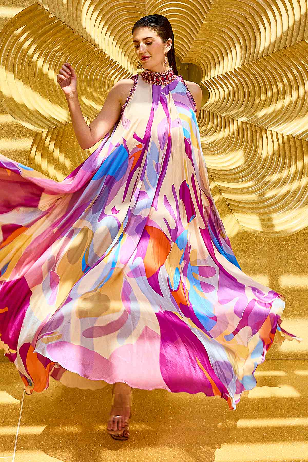 Purple Chiffon High Neck Dress