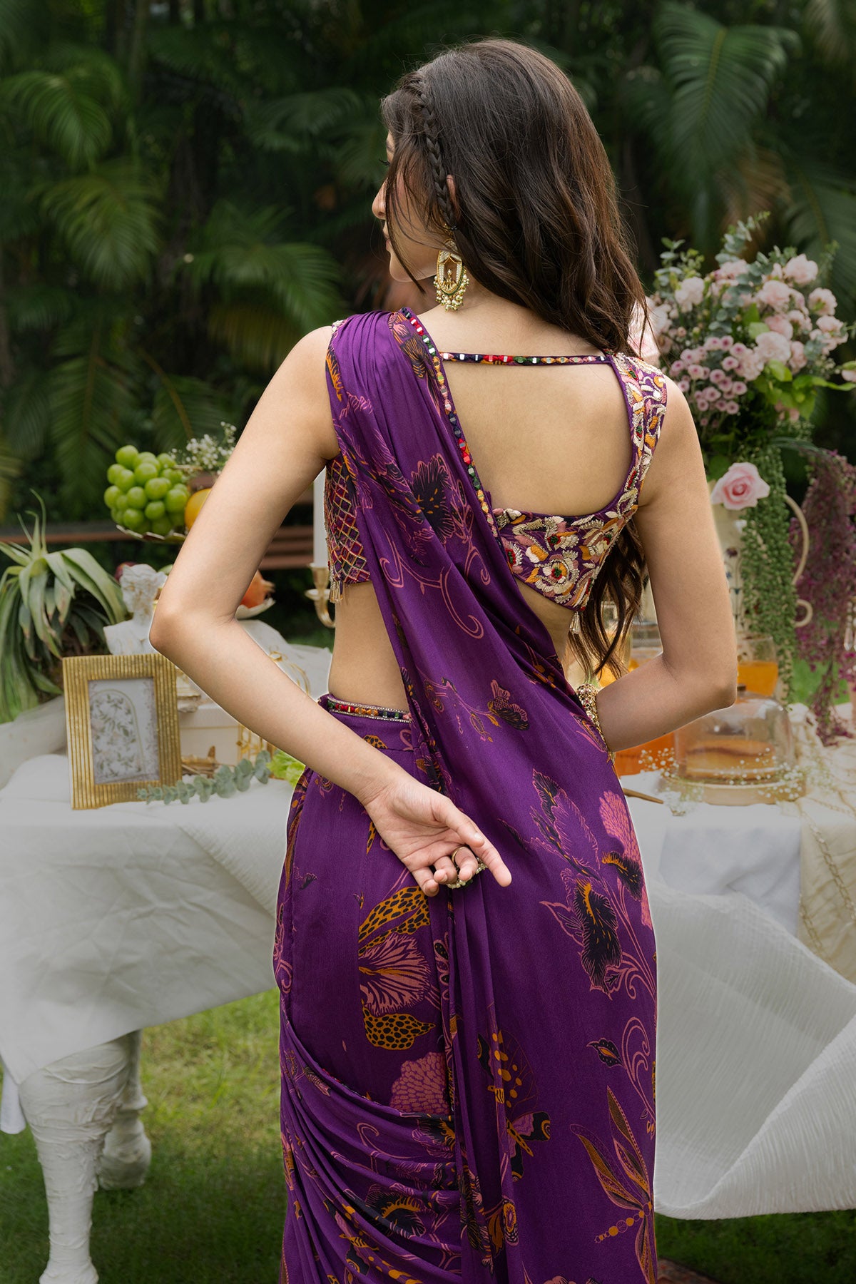 Purple Chinon Chiffon Saree Set