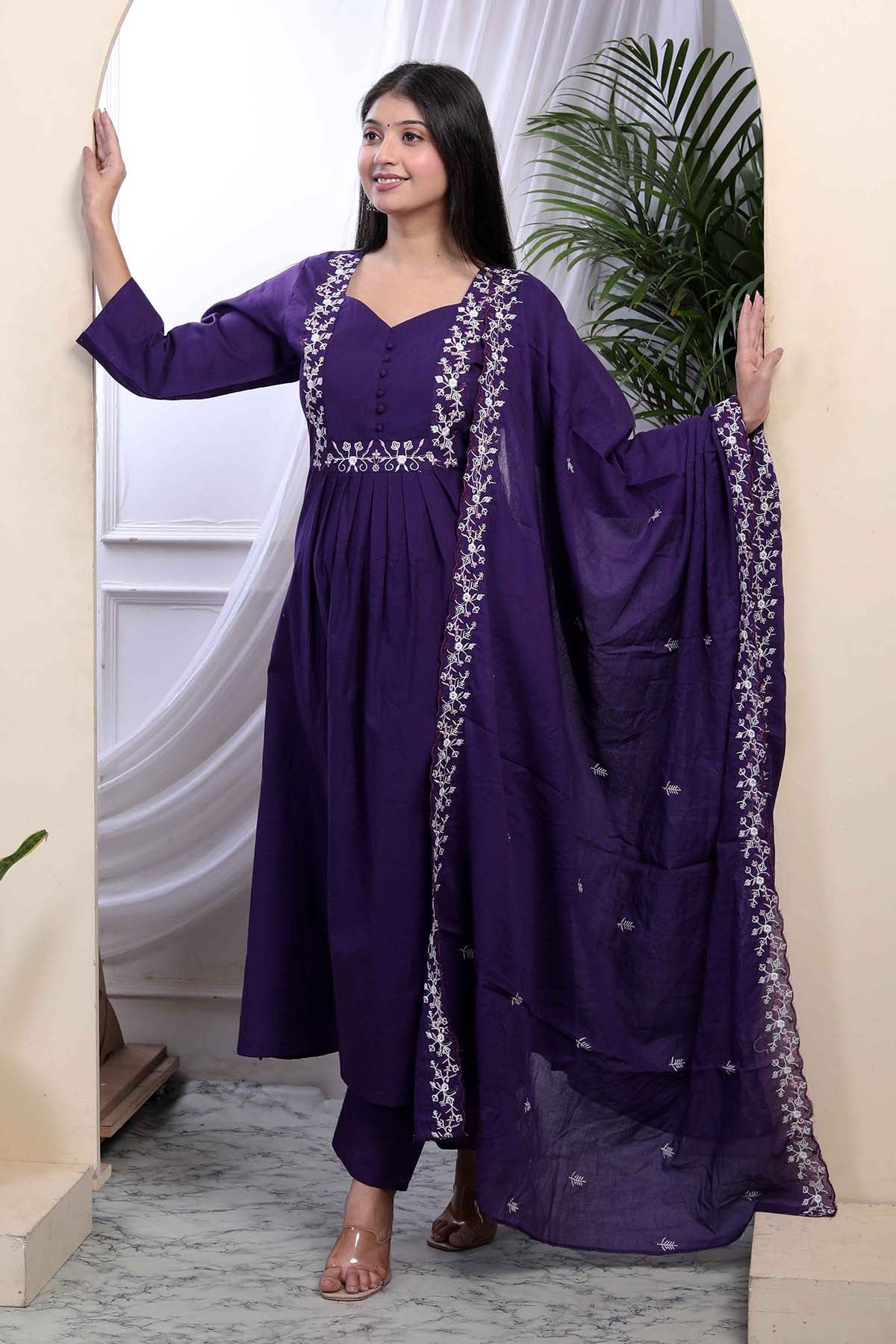 Purple Cotton A-Line Palazzo Set