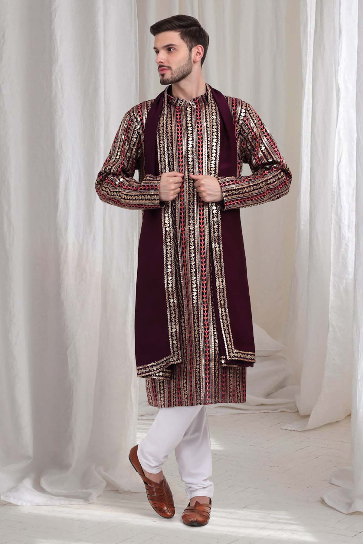 Buy Purple Cotton Floral Kurta Set by Aham Vayam for men online at ScrollnShops