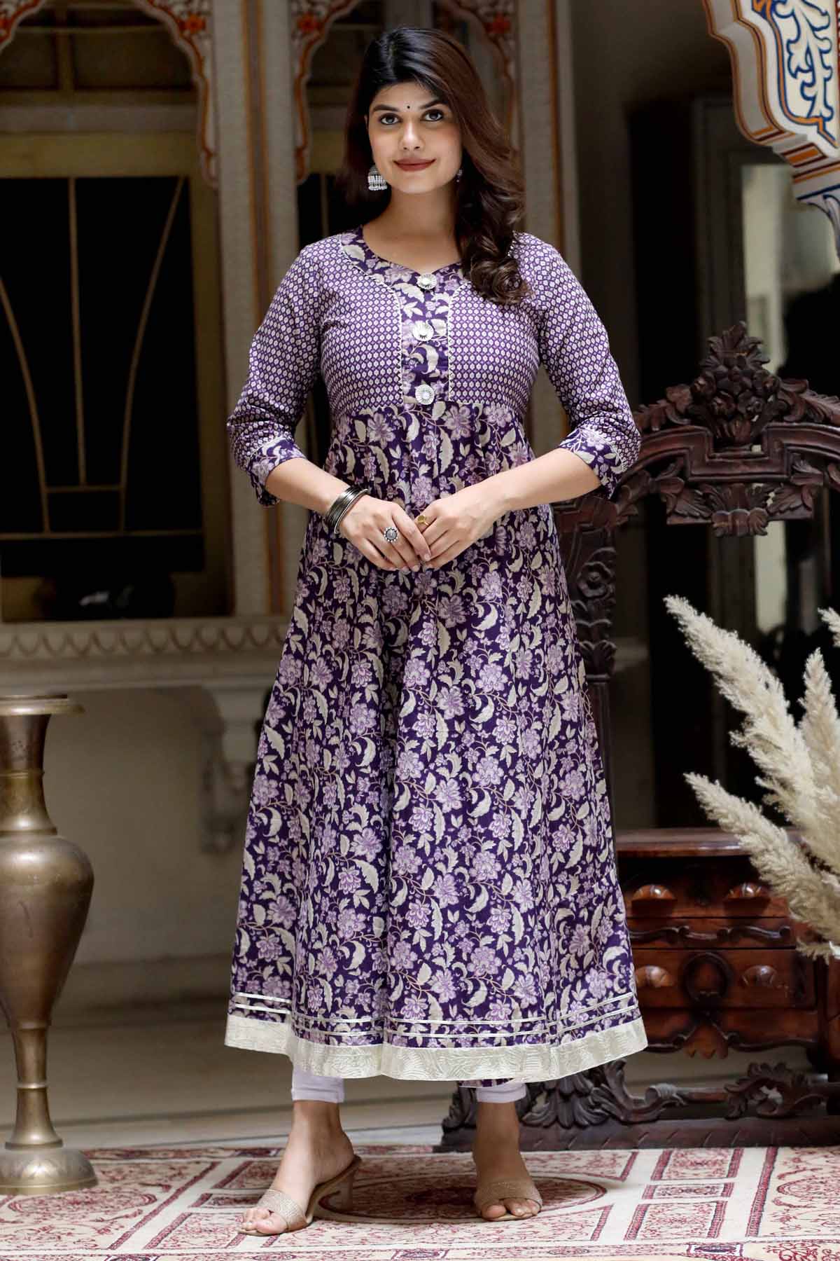 Buy Purple Cotton Print Flared Kurta by Miravan for women online at ScrollnShops