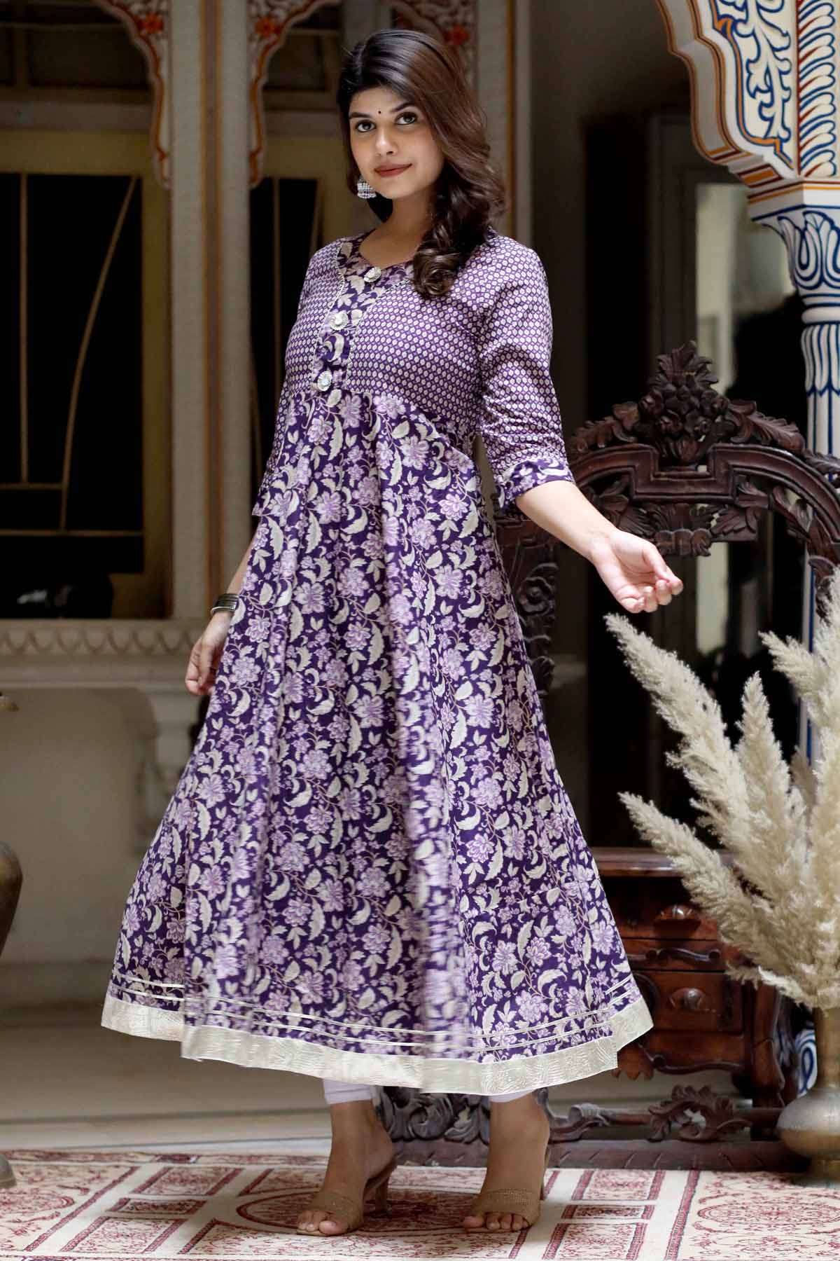 Purple Cotton Print Flared Kurta