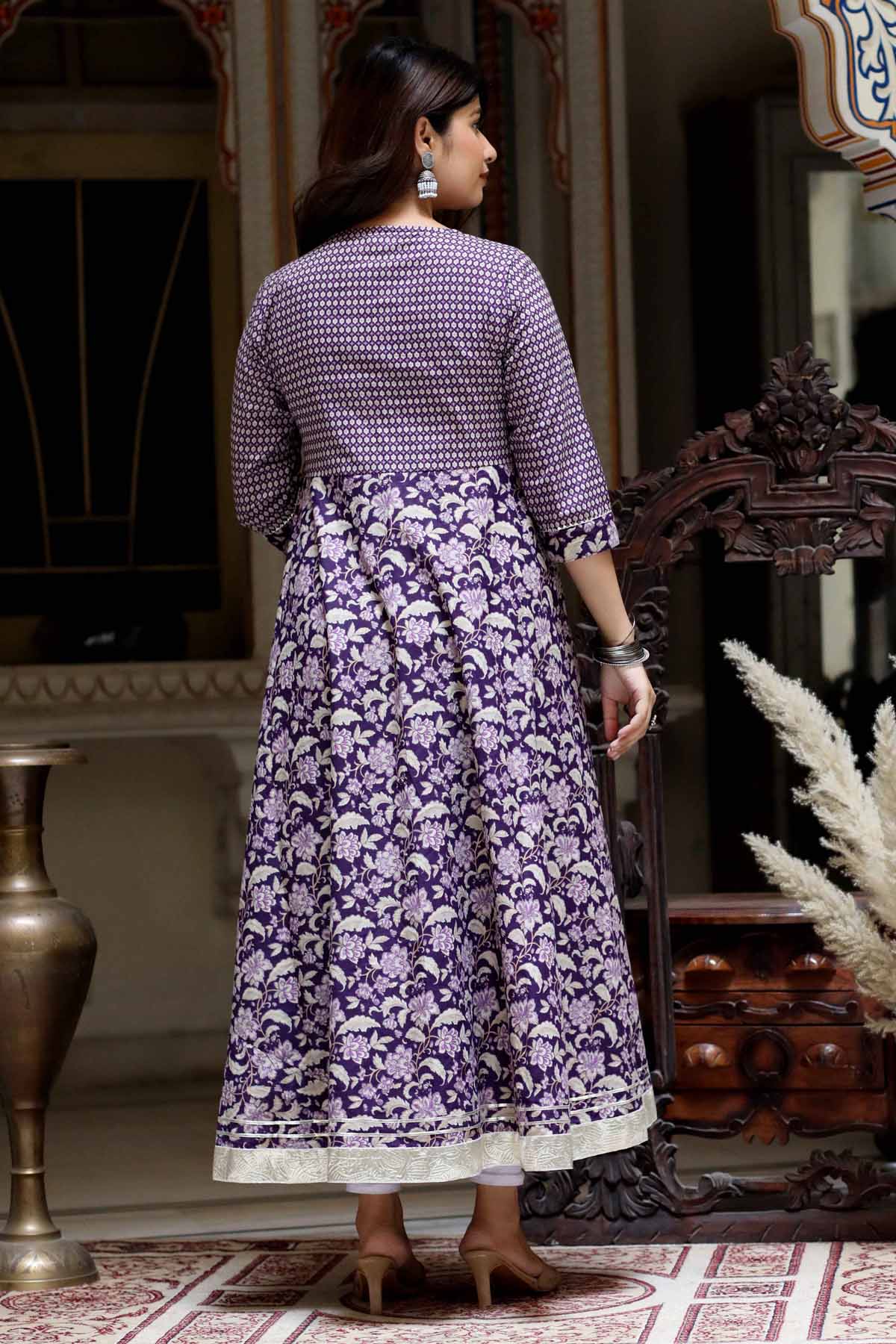 Purple Cotton Print Flared Kurta