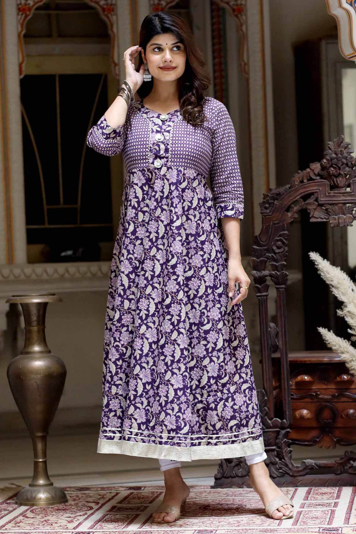 Purple Cotton Print Flared Kurta
