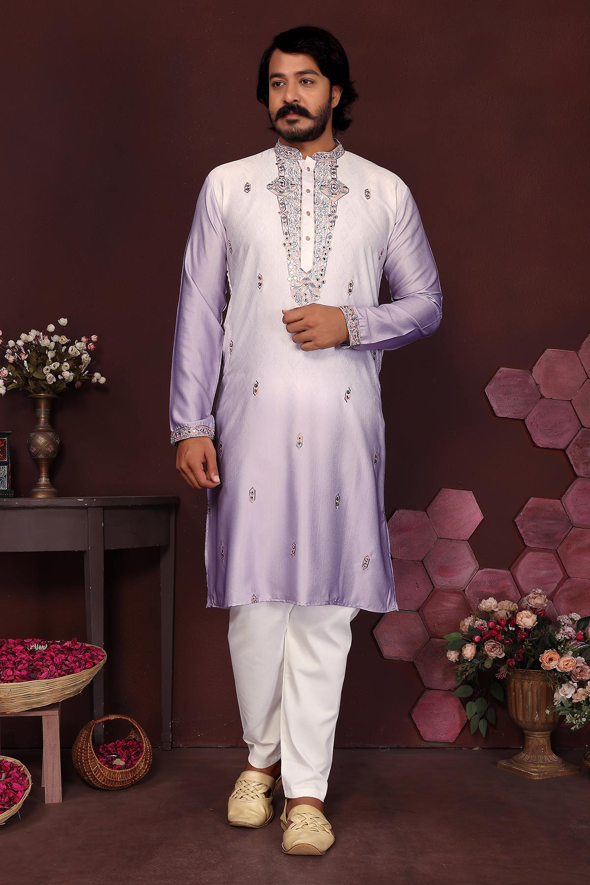 Buy Purple Cotton Sequins Kurta Set for men by Jyoti Fashion online available at scrollnshops