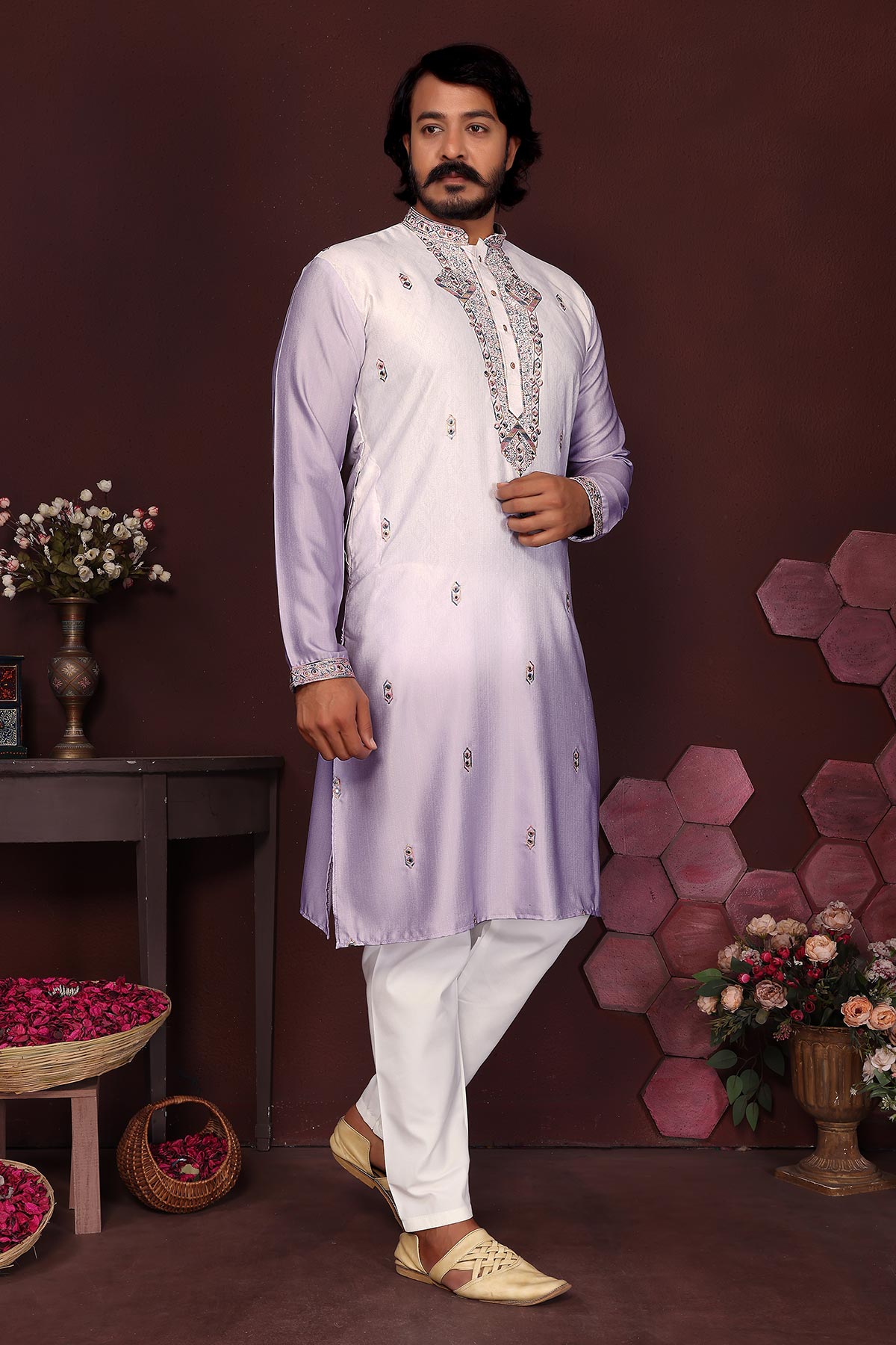 Purple Cotton Sequins Kurta Set