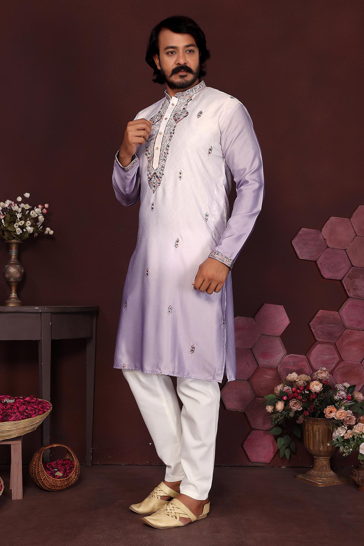 Purple Cotton Sequins Kurta Set