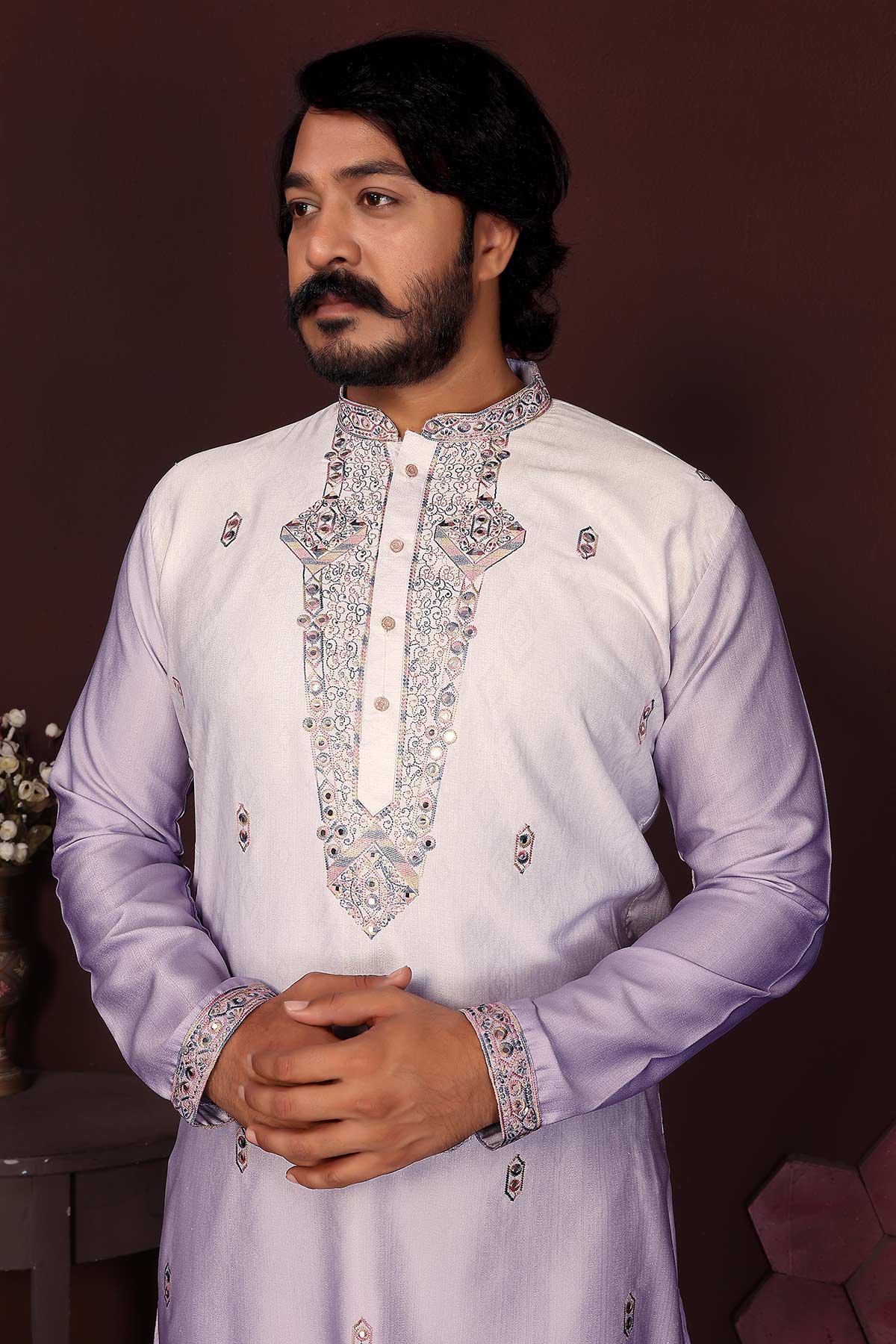 Purple Cotton Sequins Kurta Set
