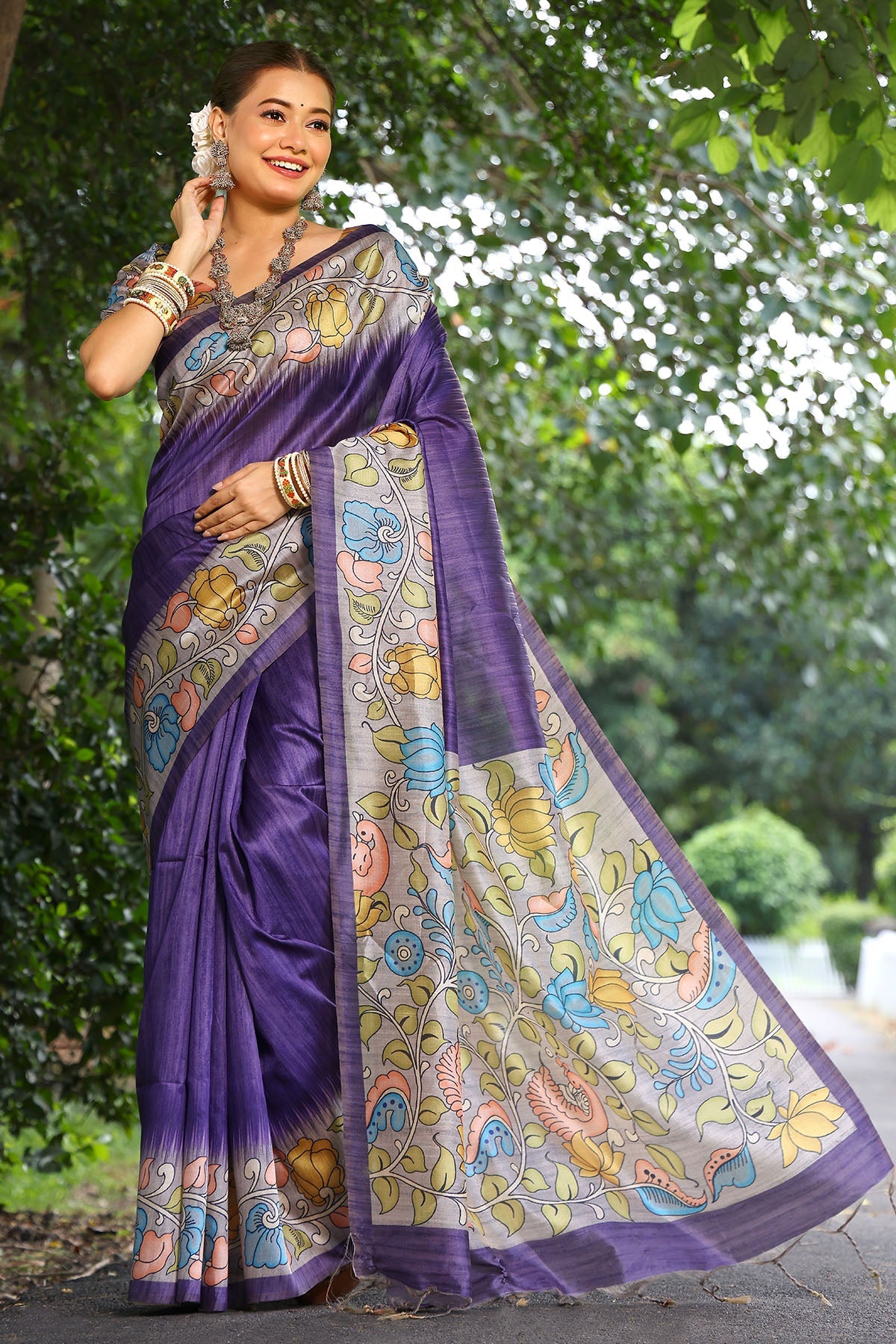 Buy Purple Cotton Silk Printed Saree by Lili Lala for women online at ScrollnShops