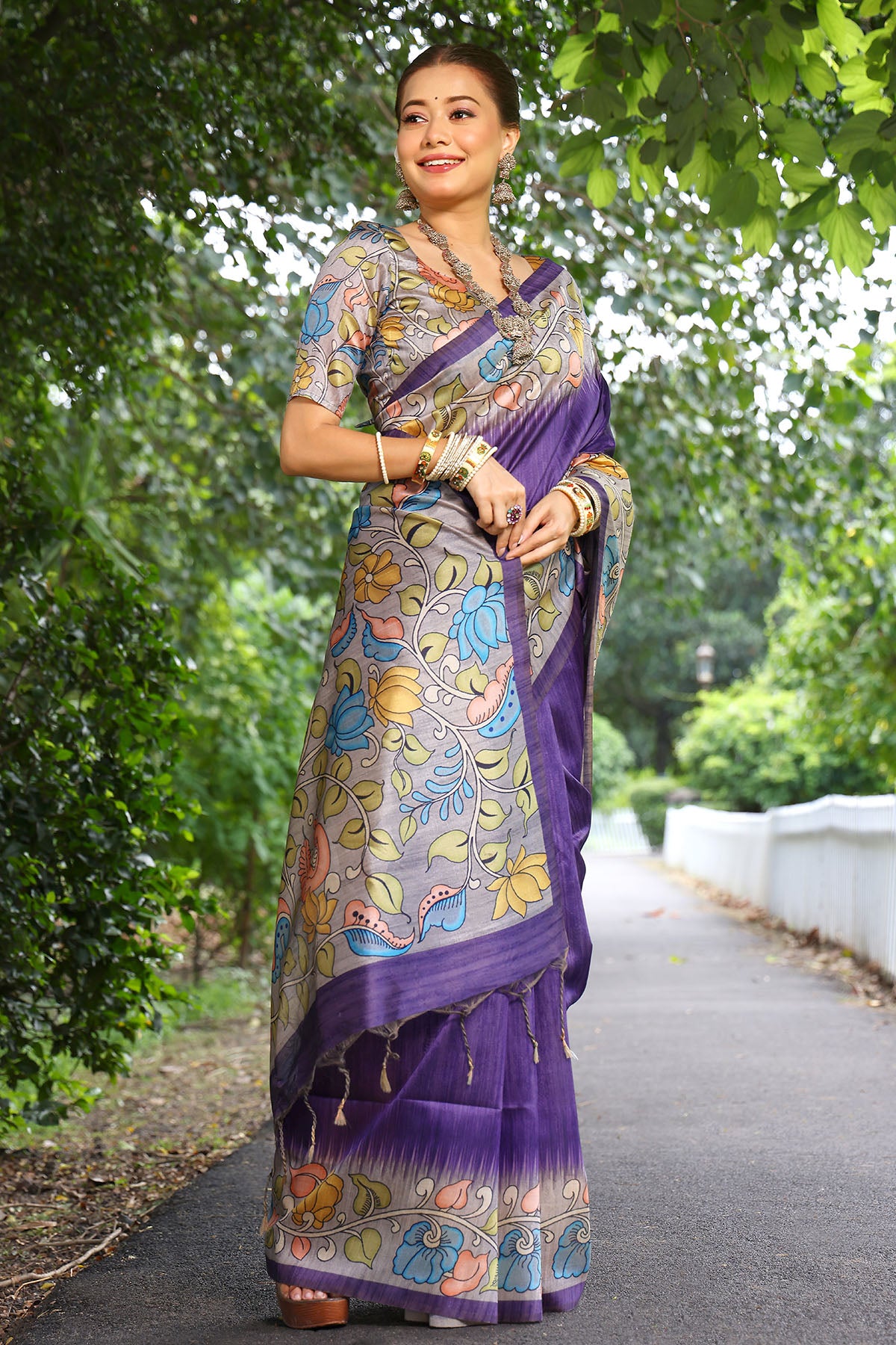 Purple Cotton Silk Printed Saree
