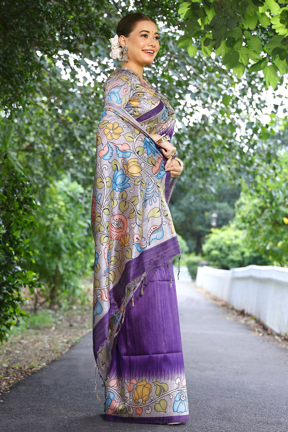 Purple Cotton Silk Printed Saree
