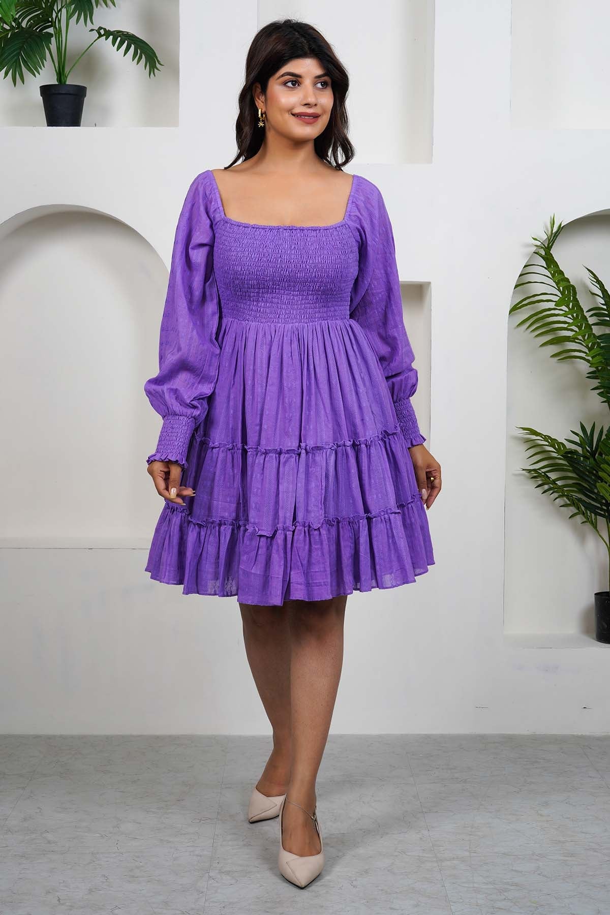 Imrie Purple Cotton Smocked Mini Dress for women online at ScrollnShops