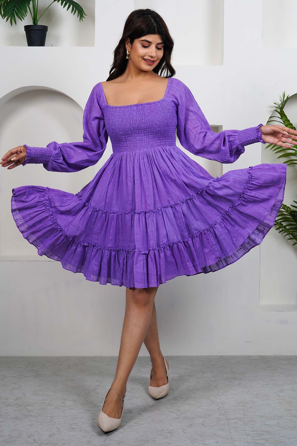 Purple Cotton Smocked Mini Dress