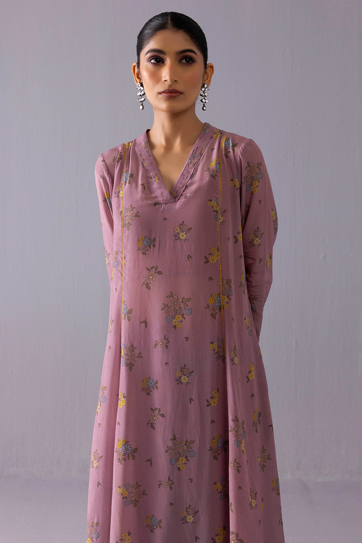Purple Crepe Floral Kurta Set